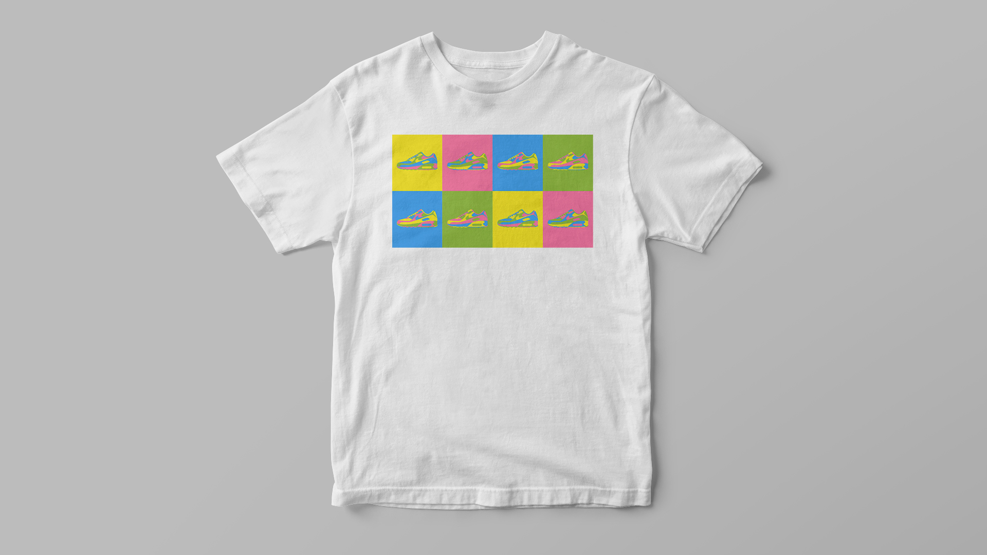 Mock-up de una camiseta blanca con la ilustración conjunta de 'Air Max 90 Warhol Style'