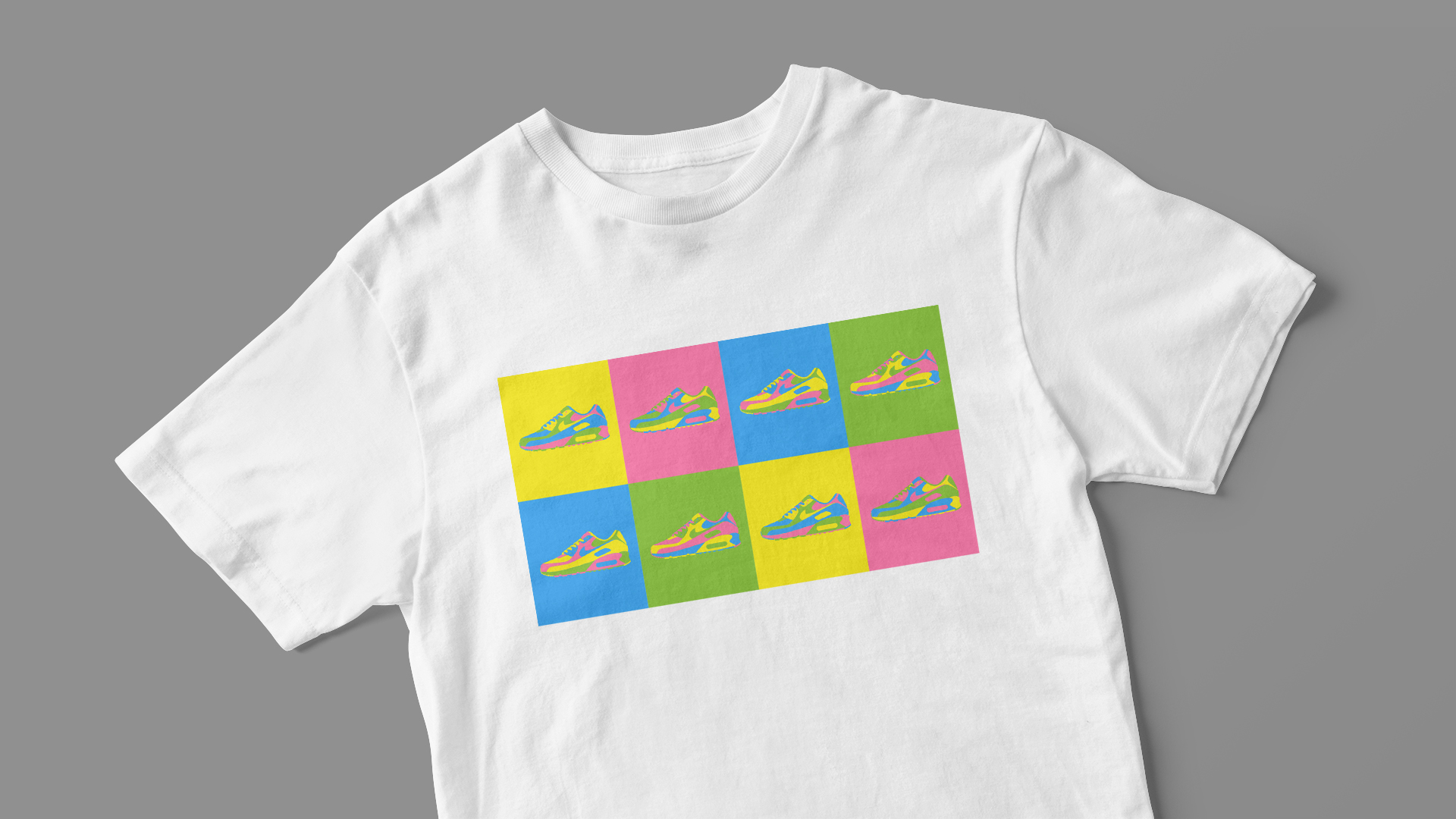 Mock-up de una camiseta blanca con la ilustración conjunta de 'Air Max 90 Warhol Style' con zoom y girada