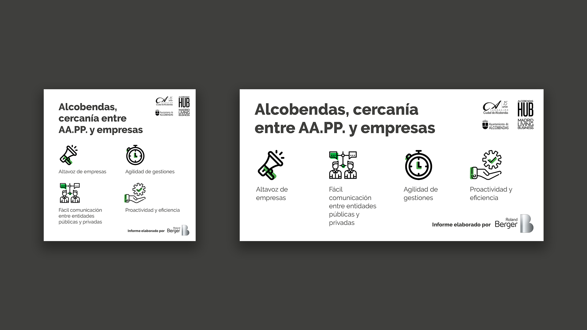 Creatividad para RRSS basada en un informe elaborado por Roland Berger titulada 'Alcobendas, cercanía entre AA.PP. y empresas'
