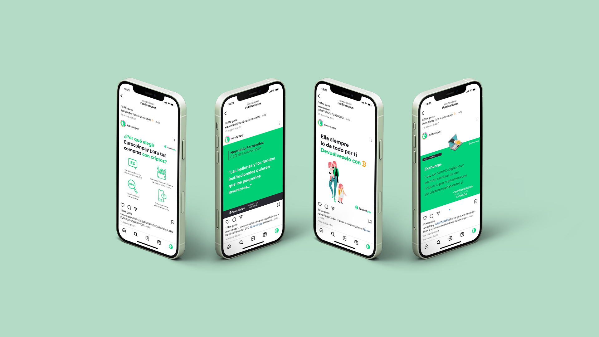 Mockup de cuatro iPhone con publicaciones diseñadas para Instagram