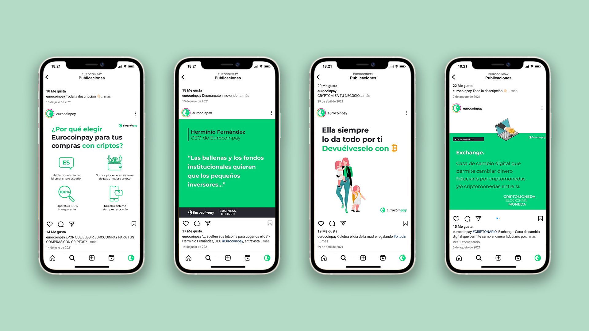 Mockup de cuatro iPhone con publicaciones diseñadas para Instagram