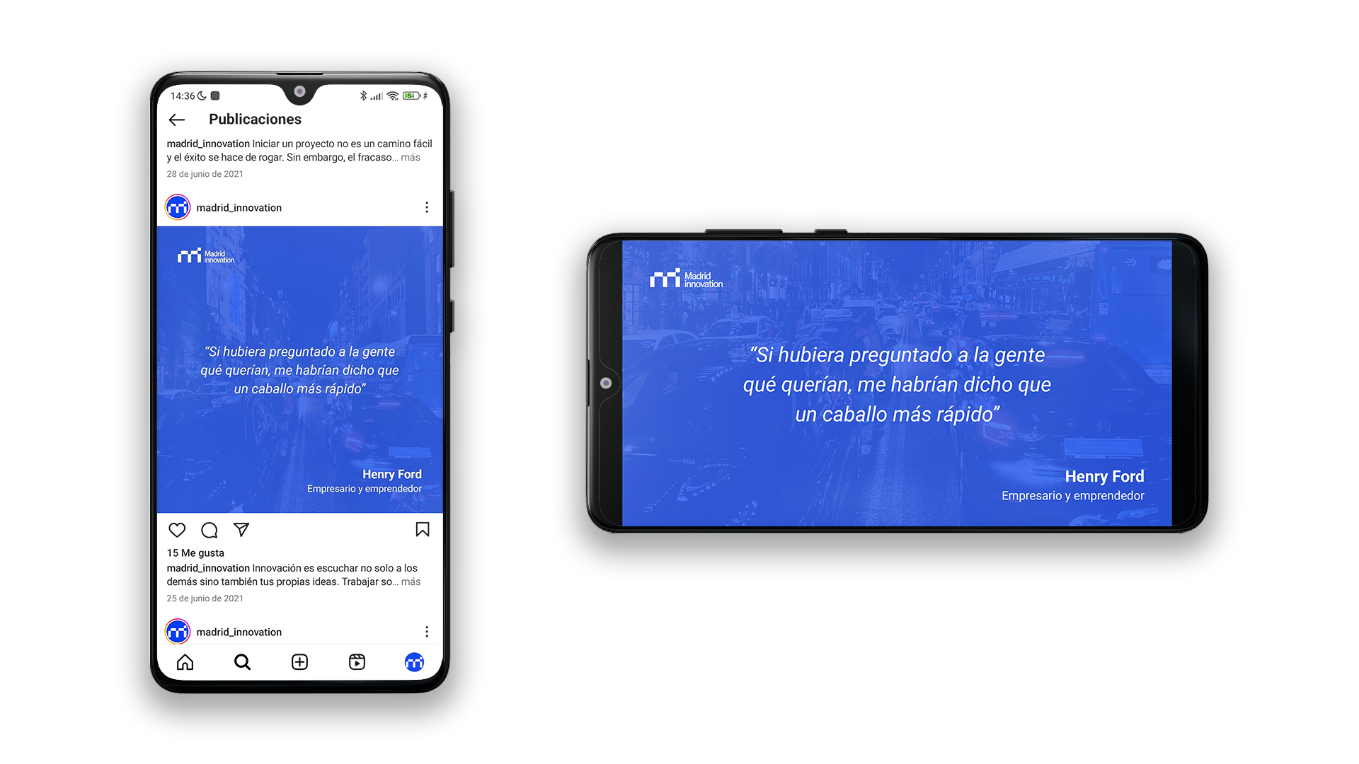 Mockup de dos móviles Xiaomi con una creatividad para Instagram, Twitter y LinkedIn. En ella aparece una frase del empresario y emprendedor Henry Ford con una fotografía de Madrid de fondo