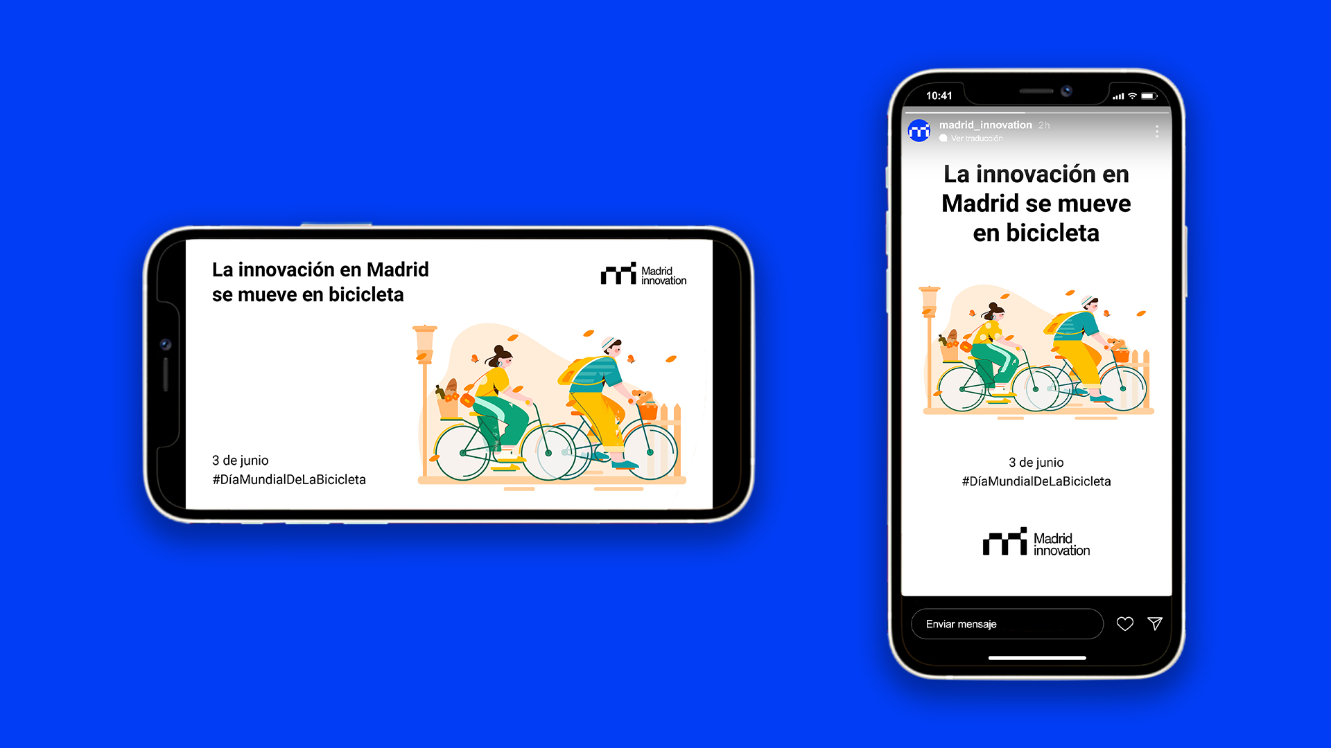 Mockup de dos iPhone con una creatividad para Twitter, LinkedIn y stories de Instagram, celebrando el Día Mundial de la Bicicleta