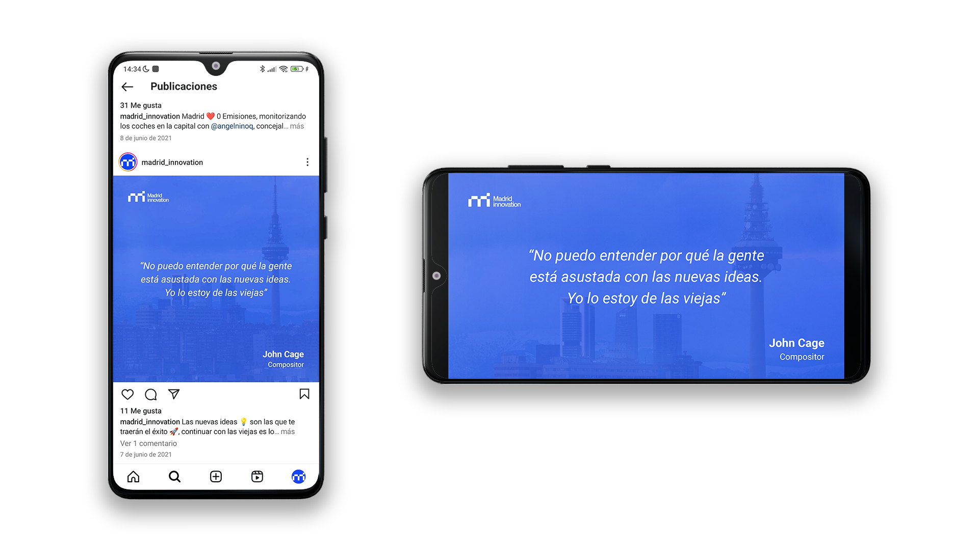 Mockup de dos móviles Xiaomi con una creatividad para Instagram, Twitter y LinkedIn. En ella aparece una frase que habla sobre las ideas con una fotografía de Madrid de fondo