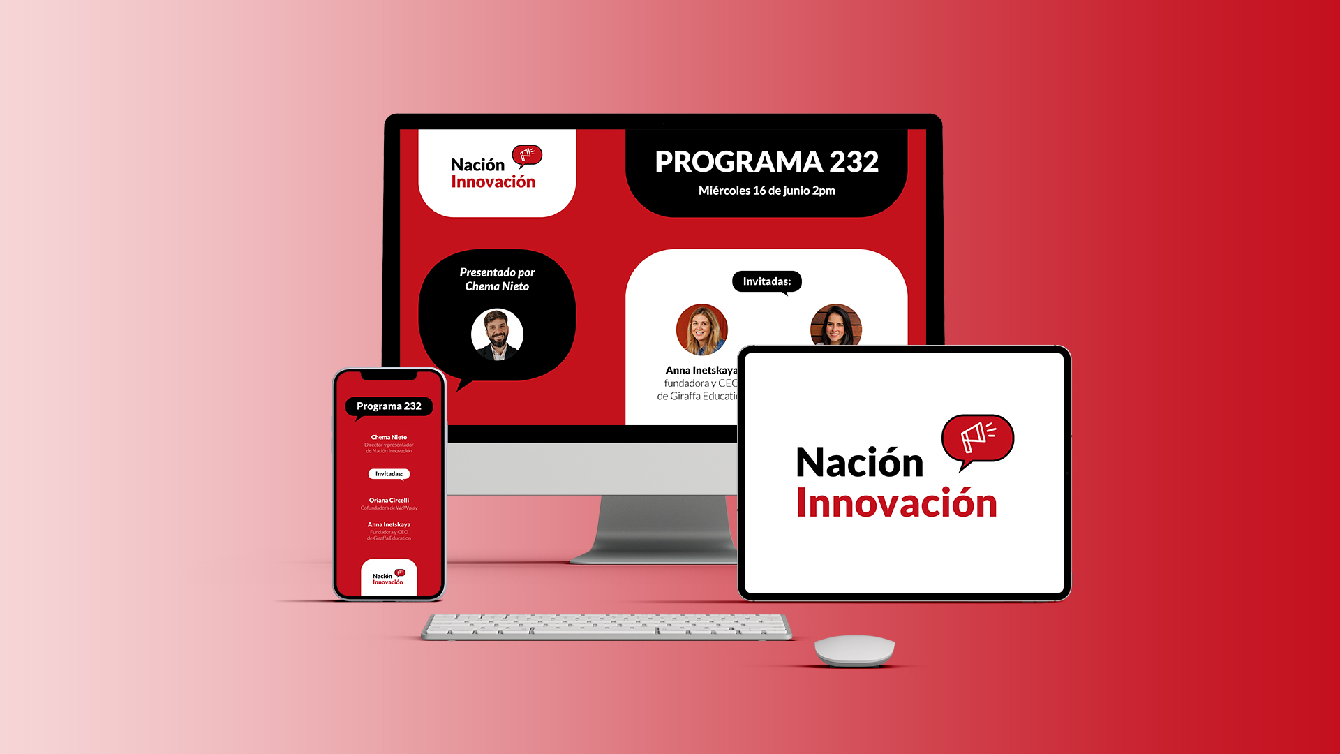 Mockup de dispositivos con el conjunto de dos piezas gráficas e imagotipo del rebranding de 'Nación Innovación'