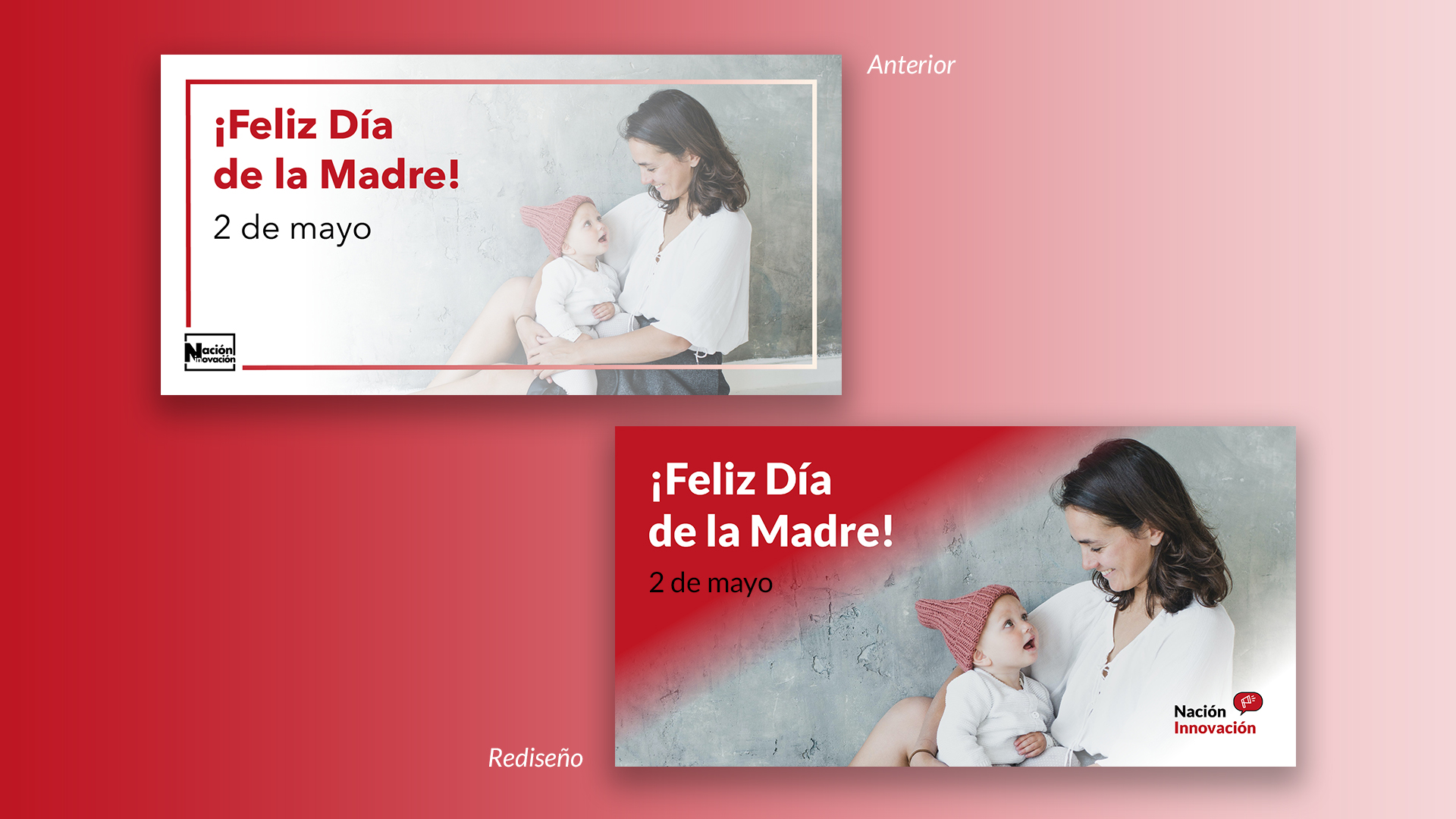 Comparación entre ejemplo de creatividad de días especiales rediseñada para Twitter/Facebook y su anterior versión