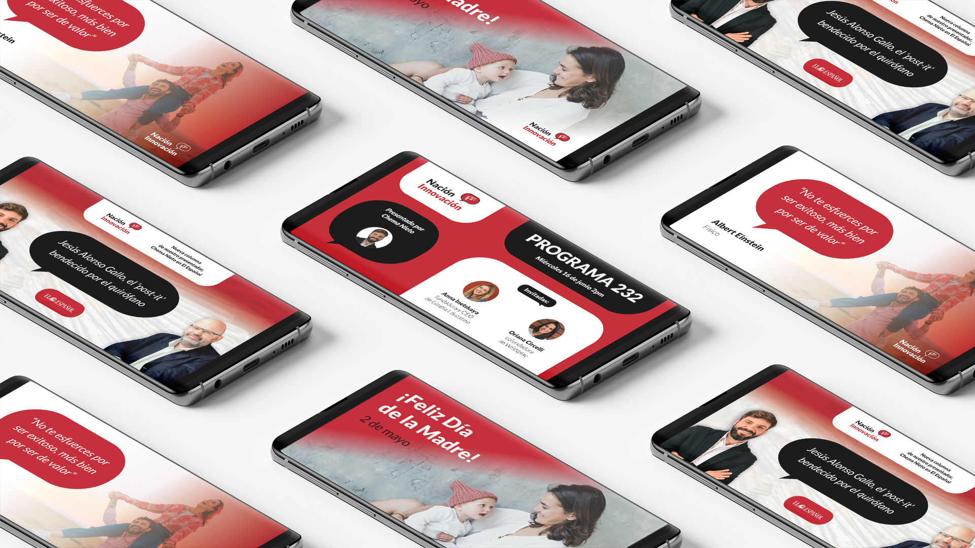 Mockup de móviles con imágenes gráficas del rebranding de 'Nación Innovación'