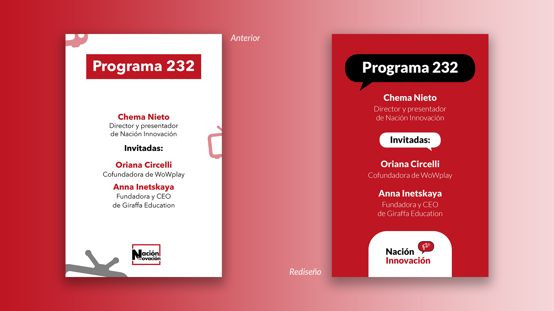 Comparación entre creatividad rediseñada del programa 'Nación Innovación' para IGTV/Stories de Instagram y su anterior versión