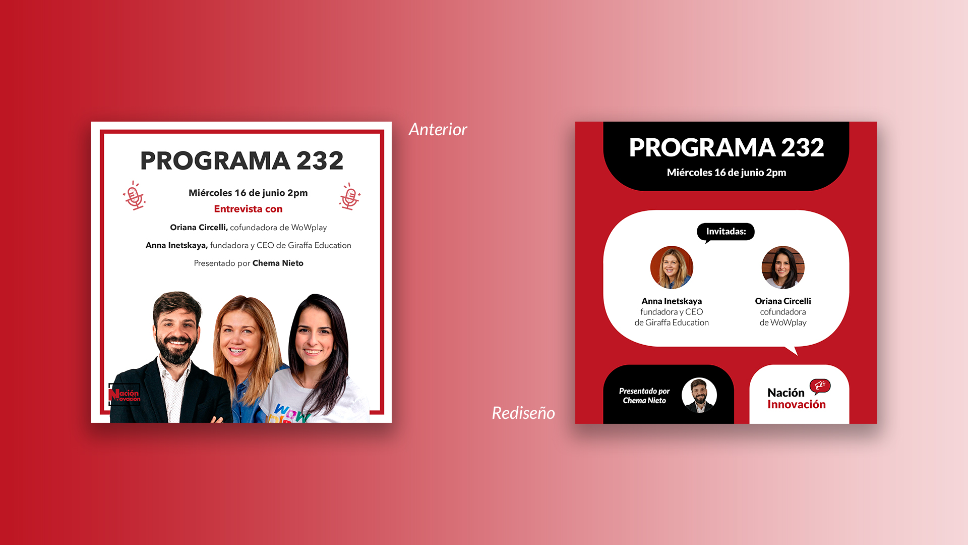 Comparación entre creatividad rediseñada del programa 'Nación Innovación' para feed de Instagram y su anterior versión