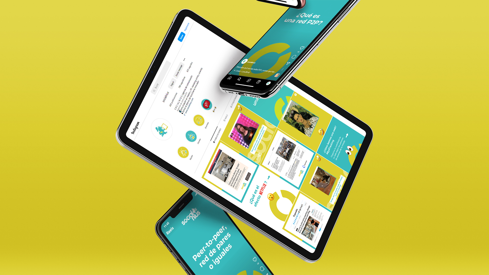 Mockup de un iPad Pro y varios iPhone con publicaciones diseñadas para Instagram