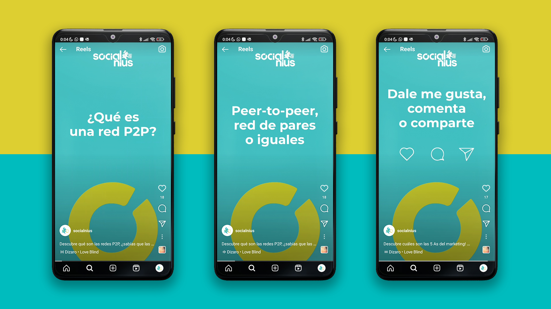 Mockup de tres móviles Xiaomi con un reel para Instagram respondiendo a la pregunta '¿Qué es una red P2P?'