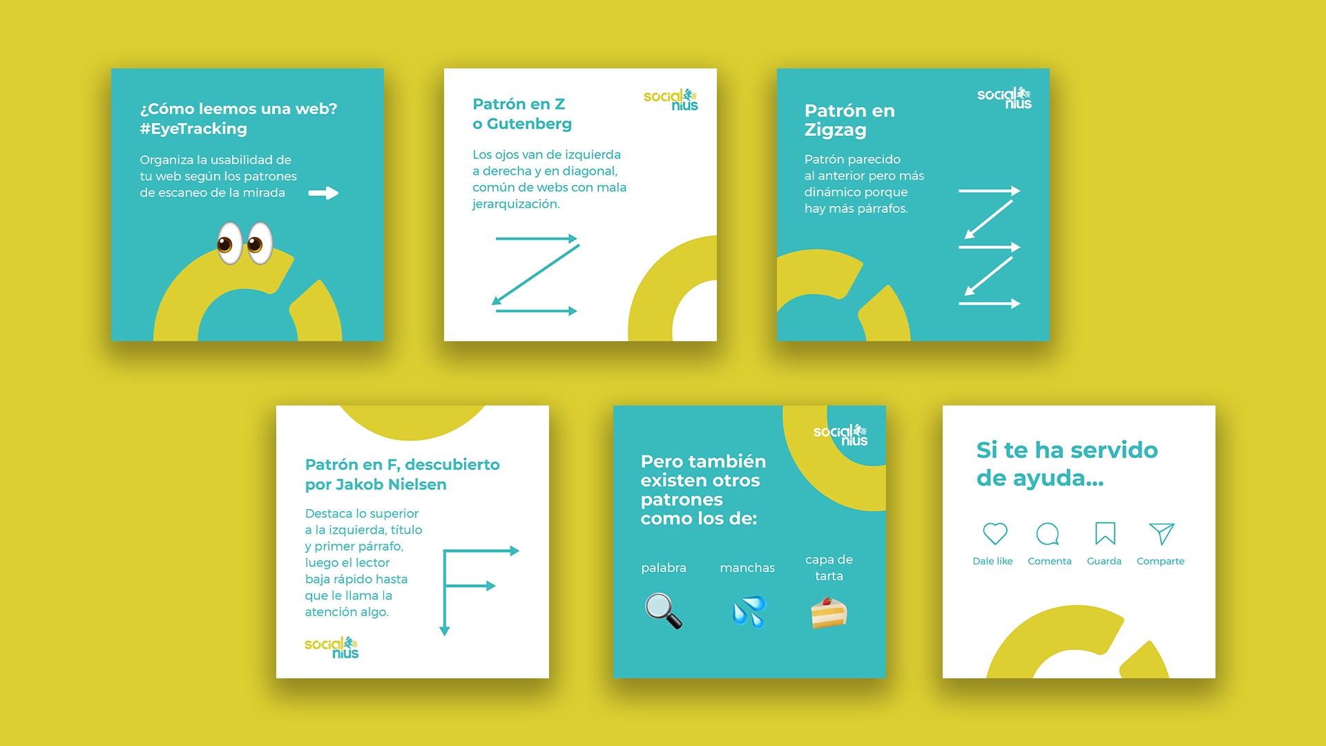 Creatividades de un carrusel para Instagram explicando cómo leemos una web (Eye tracking)