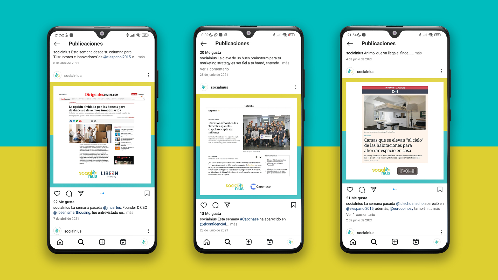 Mockup de tres móviles Xiaomi con creatividades para Instagram donde se presentan imágenes de apariciones en medios de las empresas que representa la agencia de comunicación Socialnius