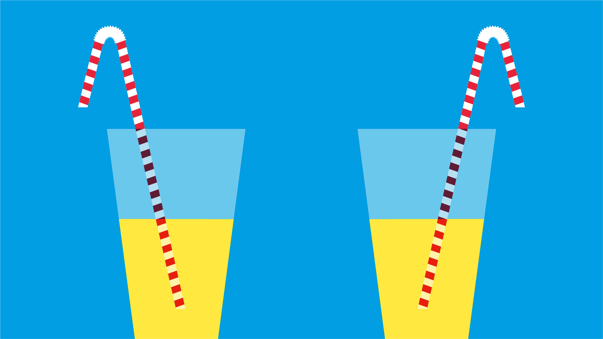 Ilustración rectangular de un par de vasos de limonada con pajitas de líneas blancas y rojas