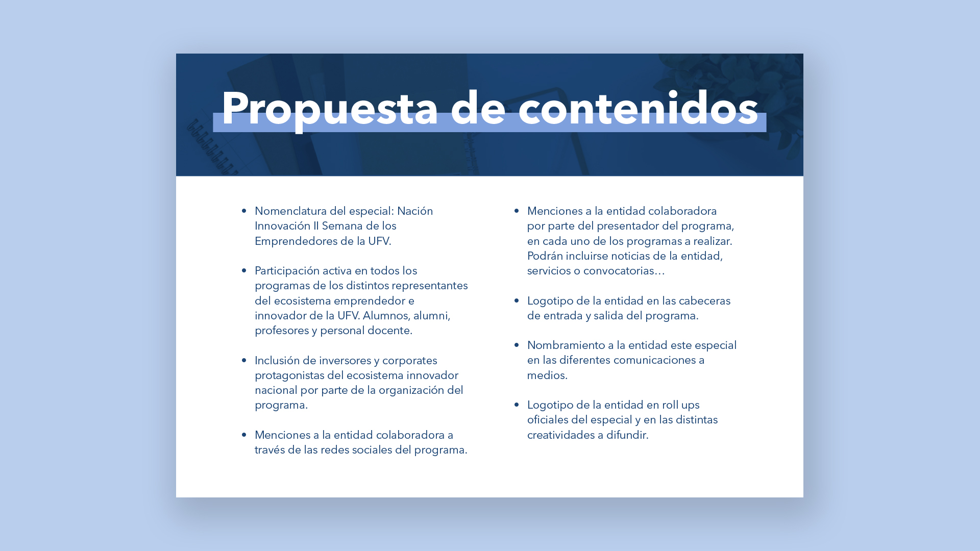 Página 'Propuesta de contenidos' del dossier 'II Semana de los Emprendedores UFV'