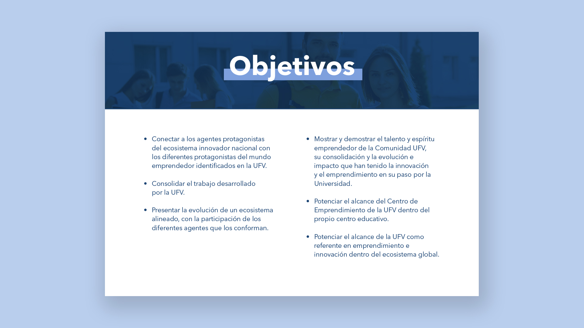 Página 'Objetivos' del dossier 'II Semana de los Emprendedores UFV'